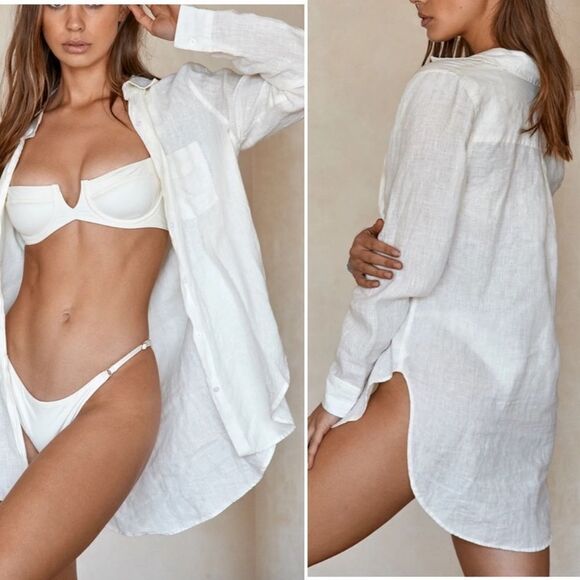 Monday Swimwear | Monaco Linen Button Down Shirt Sea‎ Glass Size Small - Picture 9 of 9